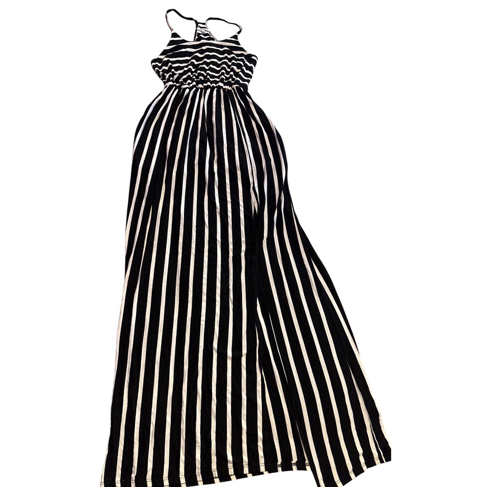 White Birch Womens Black White Striped Maxi Dress‎ Smocked Racerback Size S